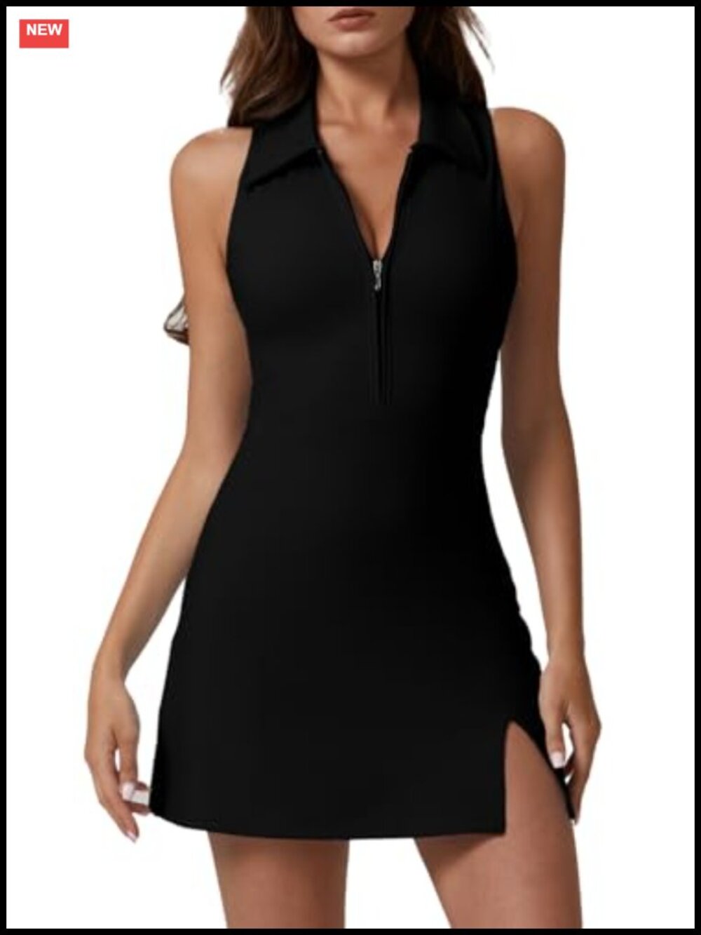 Zip Front Tennis Dress Polo Collar Racer Back Workout Golf Dress Built in Shorts